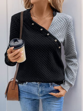 Perfee Decorative Button Contrast Long Sleeve Sweatshirt Black OutfitFlow